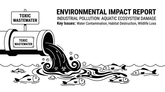 Industrial toxic wastewater pipe polluting aquatic ecosystem illustration.