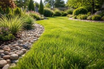 Obraz premium Vibrant summer lawn showing new grass growth mixed with pebble landscaping