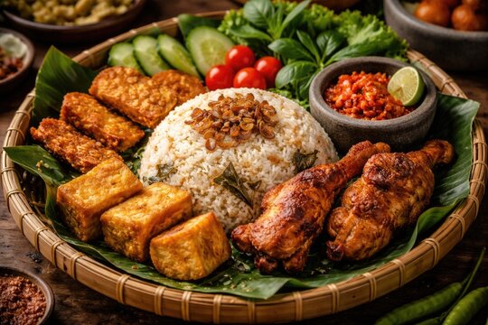 Traditional Indonesian Nasi Liwet with tofu fried chicken tempeh sambal and fresh vegetables