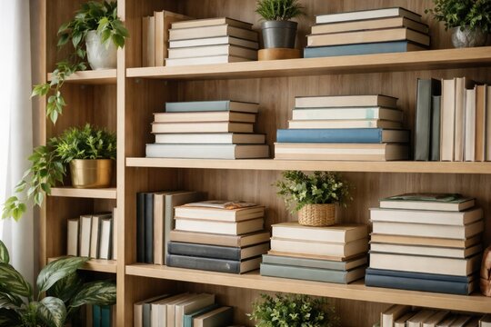 Stacked books on a light wood bookcase with foliage for a virtual office backdrop