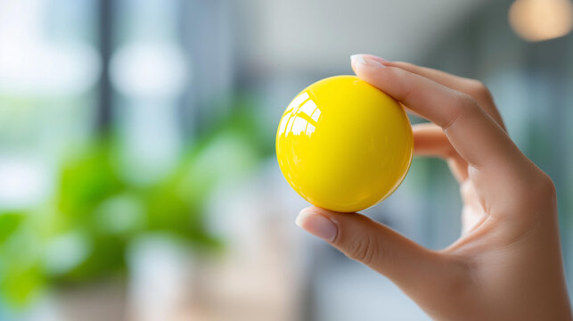Close-up of a hand holding a bright yellow positive thinking sphere against natural light, optimism and mental health concept, positive mindset symbol, happiness wellness,