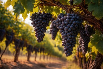 Naklejka premium Mature clusters of dark grapes thriving in scorching summer vineyard