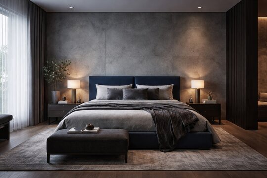 Stylish empty bedroom with modern center bed in navy and gray colors against a microcement accent wall