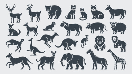 Obraz premium Wild Animal Silhouette Icon Set with Forest Safari Zoo and Wildlife Mammal Illustrations