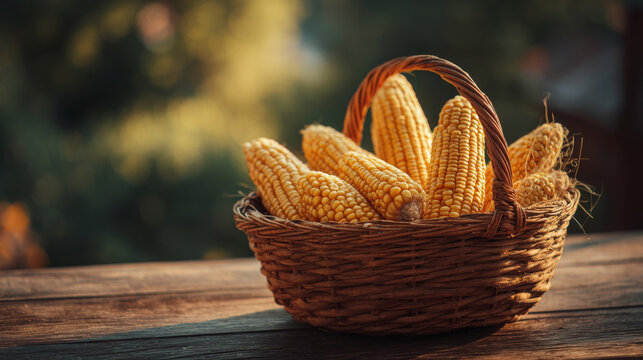 Basket filled with fresh sweet corn on wooden table, countryside setting, warm sunlight, cozy atmosphere isolated in elegant studio setup