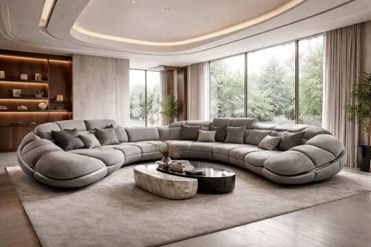 Spacious living room with an innovative gray sofa prototype centerpiece