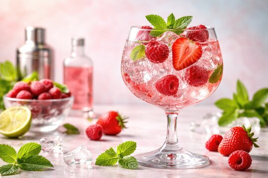Strawberry and raspberry infused gin tonic displayed against pastel backdrop with copy space