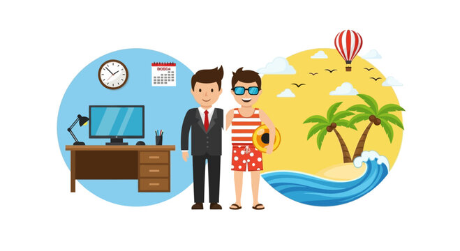 A man in business attire and a man in beach vacation clothing standing side by side.