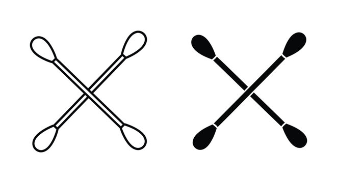 Two cotton swabs arranged in crossed position shown as both outline and solid black vector icons for medical and hygiene design concepts on white background