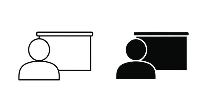 Corporate presentation icons showing a person standing by a projector screen in outline and solid black graphic styles
