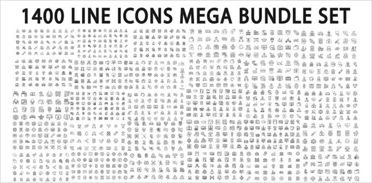 mega set of 1400+ Thin Line Icons Bundle Business, Startup, Social Media, Communication, AI, Technology, Ecommerce, Security, Office, Workspace, Customer Support, Finance, Banking Healthcare teamwork