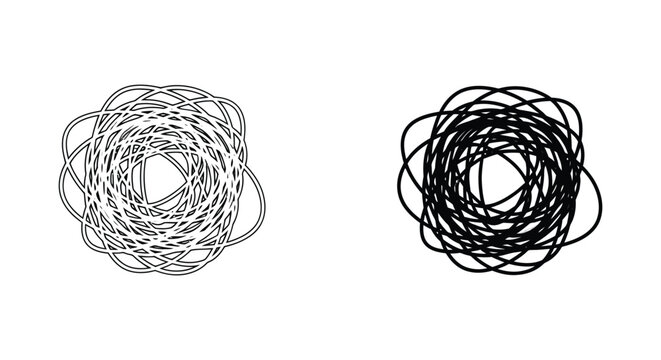 Messy scribble circle doodle vector set in outline and solid black ink style for abstract design elements and chaotic concepts