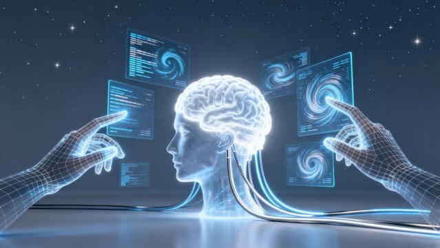 Human brain with digital hands and screens