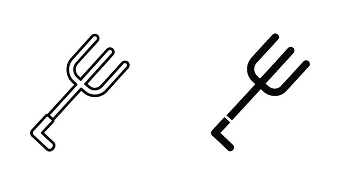 Garden pitchfork farming tool icon set in outline and solid black vector style for agricultural and landscaping business branding
