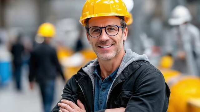 Confident Construction: A skilled construction worker, adorned with a safety helmet and glasses, stands with arms crossed against a backdrop of the construction site.