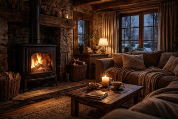 Obraz premium Home interior with a flickering wood fire stove