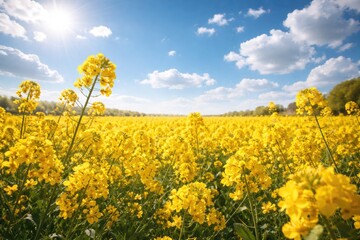 Obraz premium Cheerful spring scene of rapeseed flowers flourishing under a sunny sky with scattered fluffy clouds