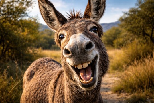 Funny wild donkey with entertaining grin close perspective