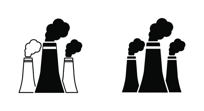 Industrial factory chimney stack icon with smoke in outline and solid black styles for pollution