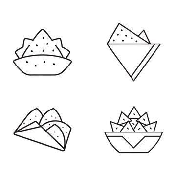 Line drawing of various tacos and a bowl of tacos on a white background