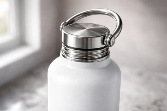 White insulated water bottle close up showing a durable metal screw top