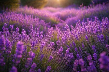 Fototapeta premium Purple lavender flowers flourishing in a dense meadow nature backdrop