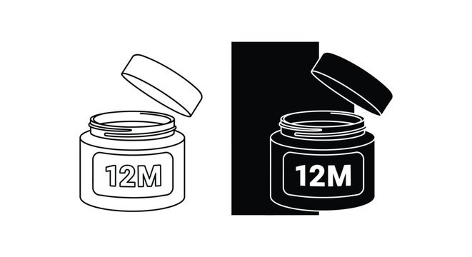 Cosmetic cream jar with open lid and 12 month PAO symbol for skincare product expiration and beauty industry packaging concepts in clean flat vector graphic style with outline and solid versions