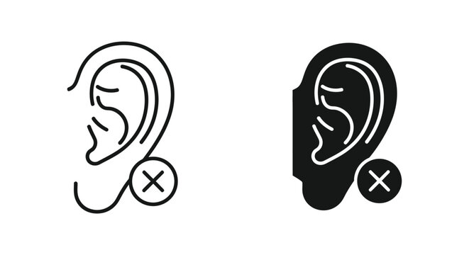 Hearing impaired icon set featuring ear with cross symbol in outline and solid styles for accessibility and medical graphics