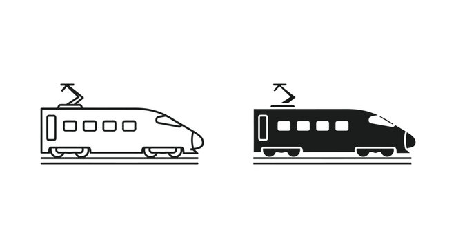 High speed train icon set in outline and solid styles for public transport and railway travel graphic design projects