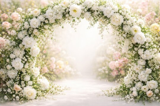 White flower garland arranged on spring floral backdrop with free copy space