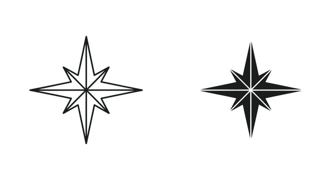 North star navigational symbol set featuring minimalist outline and solid black icon designs for celestial navigation and graphic design projects