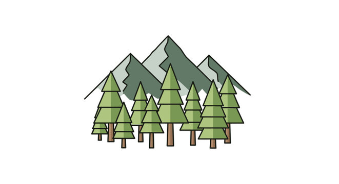 Stylized Evergreen Forest and Mountains Landscape Illustration