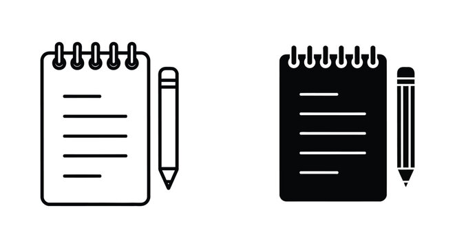 Notebook and pencil icon set for taking notes and education planning in outline and solid black vector illustration styles