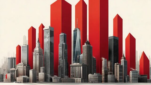 Urban Skyline of Metropolis: An artist's rendering depicts a modern metropolis, its skyline dominated by sleek skyscrapers and towering structures that represent a thriving urban environment.
