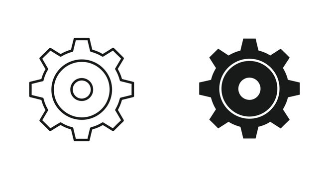 Mechanical gear cogwheel icon set in outline and solid black style for engineering industry settings and system configuration interfaces