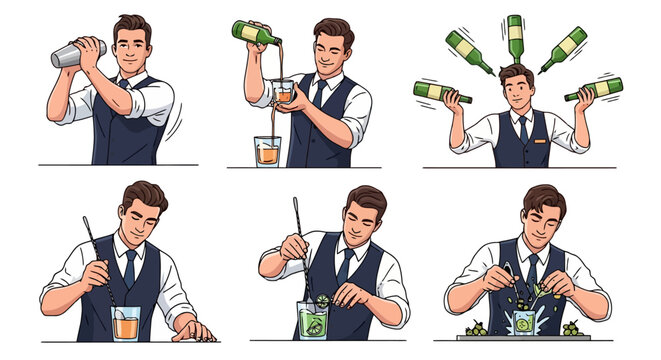 A step-by-step illustration showing a bartender preparing a cocktail with various techniques and ingredients.
