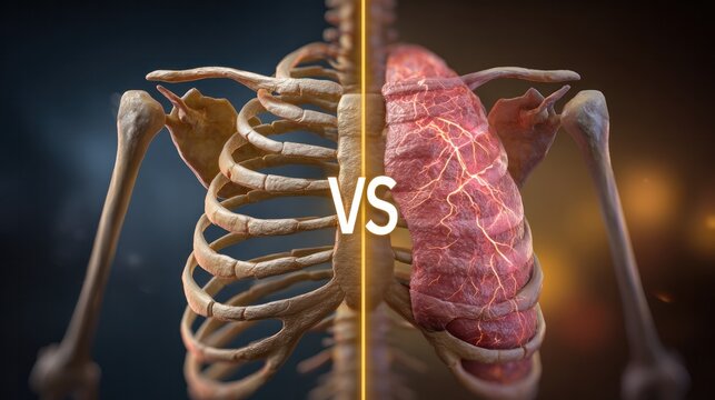 Anatomical Insight: This image offers a detailed look at the skeletal structure and lung of a person, showcasing the interplay of bodily systems and internal composition.