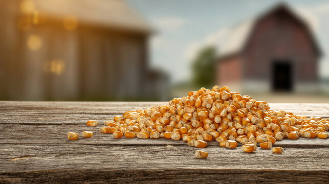Creative composition of heap of dried corn kernels on rustic farm table with blurred barn background, natural sunlight, countryside atmosphere in elegant