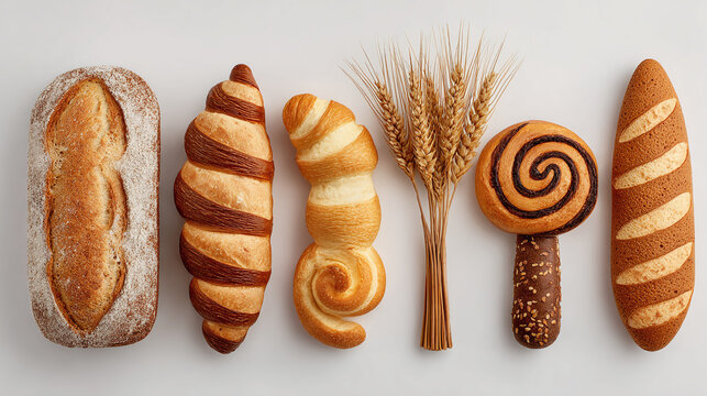 freshly baked bakery items with crispy textures and golden colors displayed on a clean white background for gourmet dessert concepts