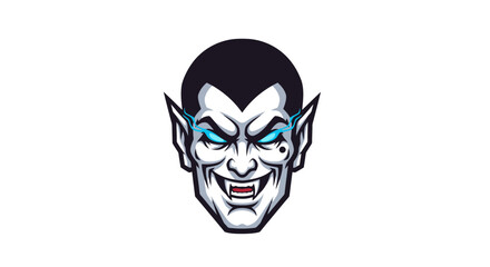 Fototapeta premium A close-up illustration of a menacing vampire's face with sharp fangs and glowing blue eyes.