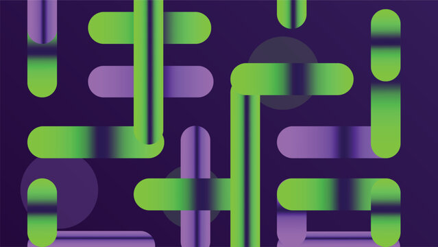 Abstract geometric vector background with neon green and purple capsules. Modern futuristic pattern with rounded shapes and gradients. Cyberpunk digital art backdrop.