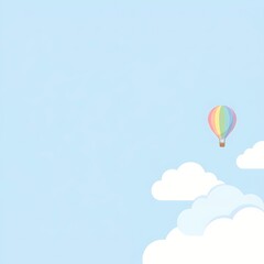 Fototapeta premium Minimalist Vector Illustration of a Colorful Hot Air Balloon Floating in a Clear Blue Sky with White Clouds