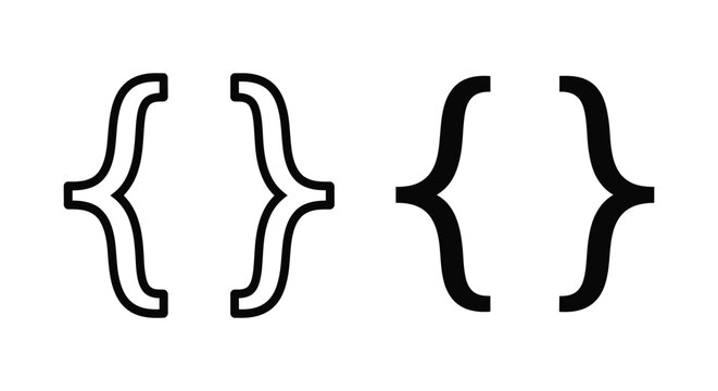 Curly brackets icon set for computer programming and coding syntax in clean outline and solid black styles isolated on white background for developer and software engineering design projects