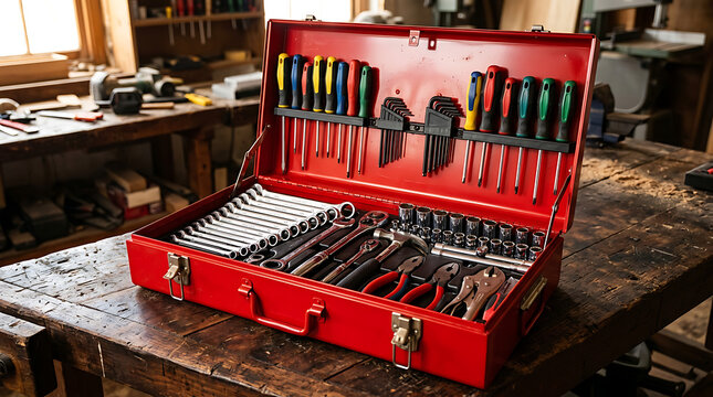 Open vibrant red metal toolbox with diverse hand tools organized on a rustic wooden workbench