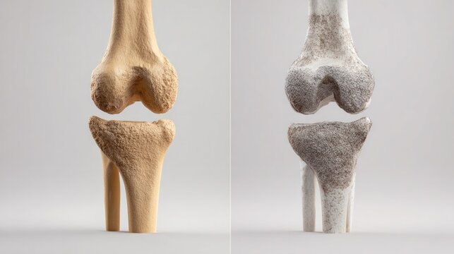 Bone Comparison: An anatomical illustration showcases the contrast between a healthy and osteoporotic knee joint, highlighting the impact of bone density on skeletal health.