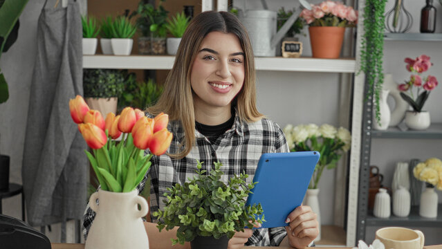 Woman smiles and holds a blue tablet while handling a potted plant beside orange tulips on shelves in florist studio; cheerful.