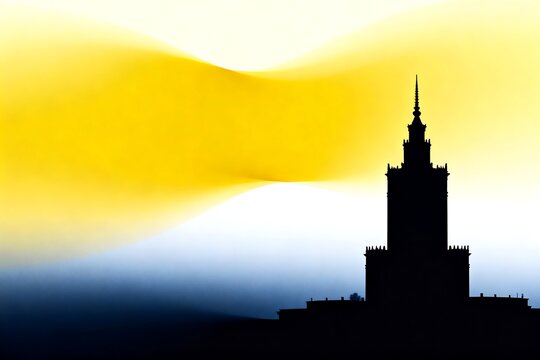 Silhouette of landmark building against gradient sky with flowing light