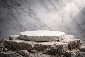Fototapeta premium White stone product platform on damaged rock stage with marble backdrop