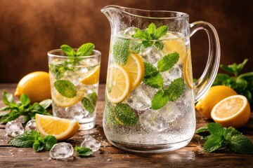 Fototapeta premium Chilled lemon mint water in a clear vessel highlighting fresh flavors on a brown backdrop