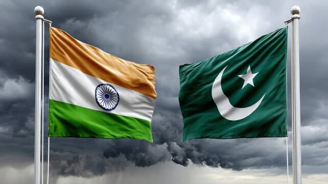 India Pakistan Flags: The flags of India and Pakistan stand side by side, waving against a stormy sky, embodying a complex relationship. A symbol of national identity and geopolitical dynamics.